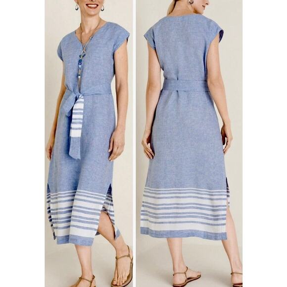 Chico’s Size 1 Sleeveless Stripe Hem Linen Tie Belt Midi Dress women’s size 8 - Picture 1 of 11